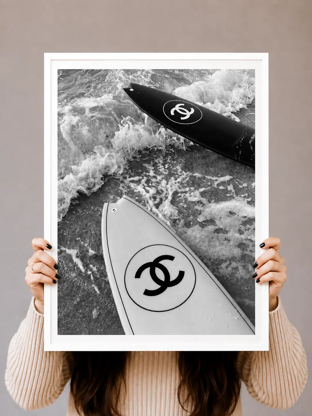 Surfboard photo art print with white border, black and light surfboards