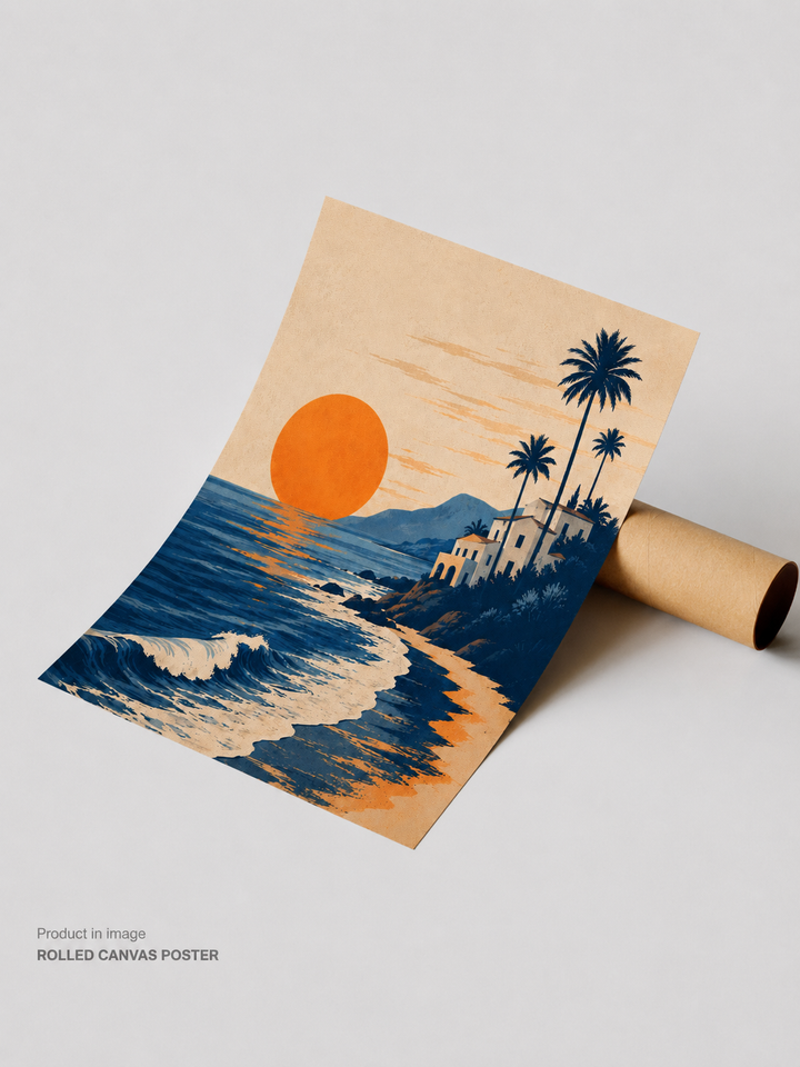 Rolled coastal wall art print featuring a golden beach sunset, carefully packaged for framing or giftin