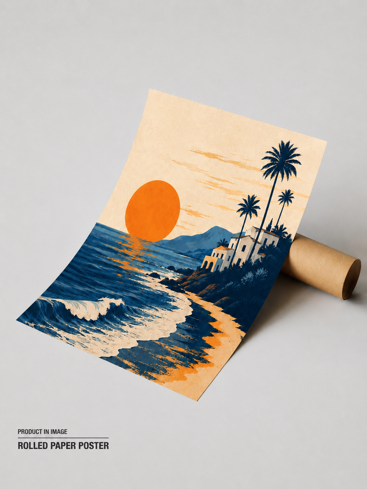 Rollo de póster de papel con atardecer costero, sol naranja, olas y palmeras