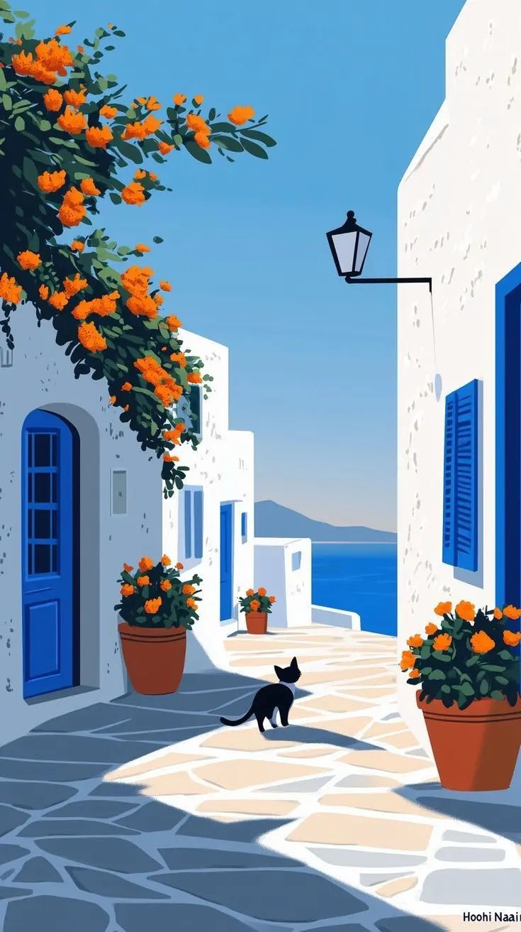 Mediterranean alley poster with blue doors, orange flowers, and a black cat on tiled walkway.