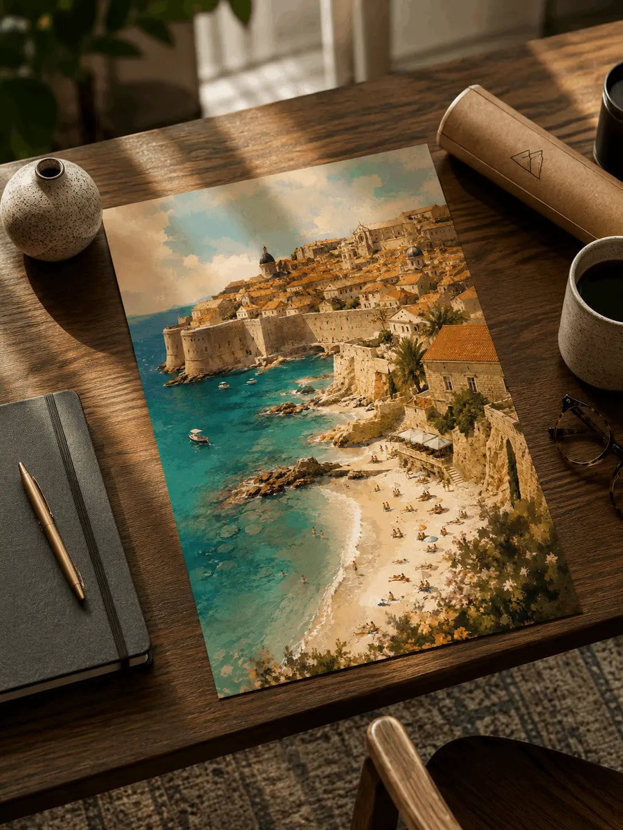 Croatia coastal wall poster on a desk, with old town houses, sea, and sandy shore