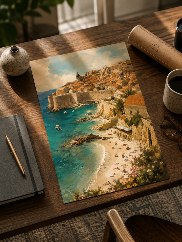 Croatia Coastal Wall Poster featuring a Mediterranean seaside town with sunlit rooftops and crystal-clear coastal waters.