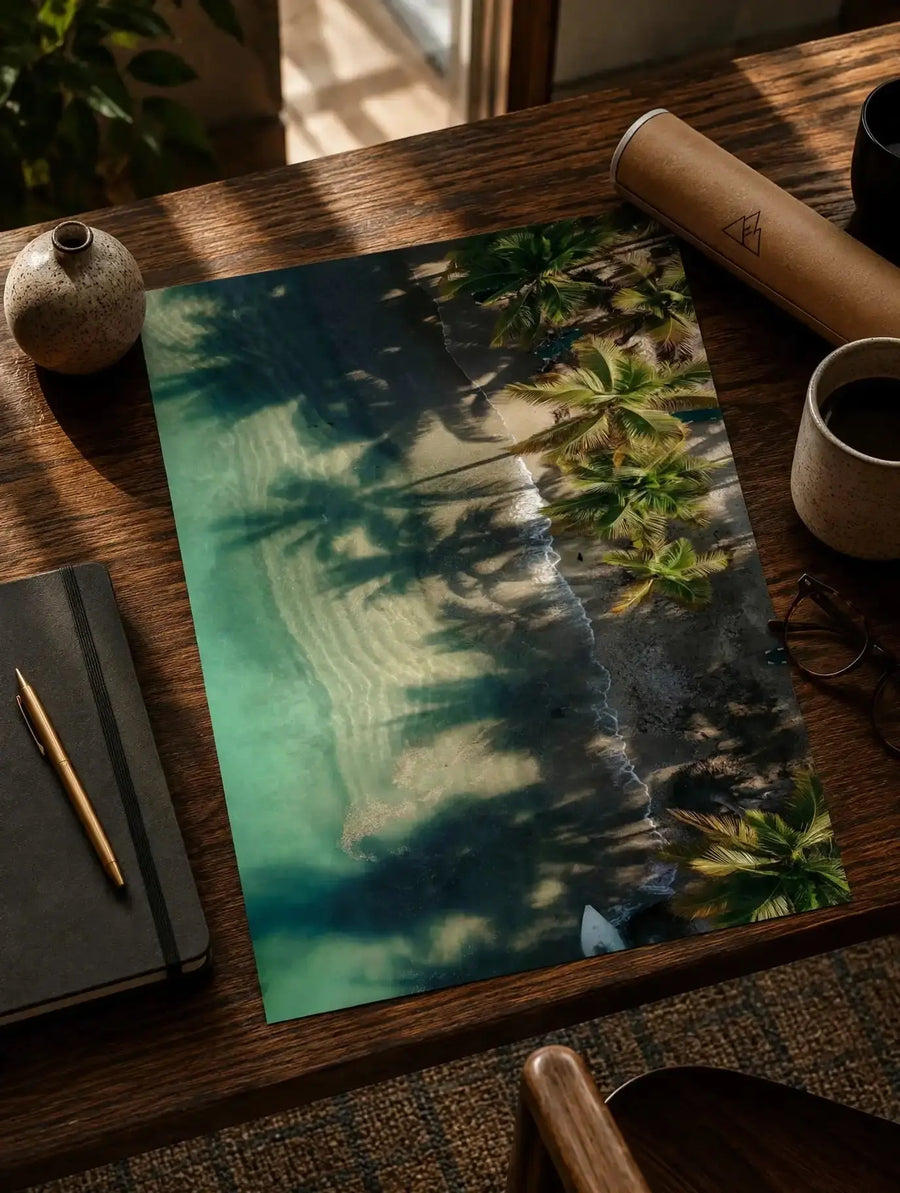 Tropical palm and ocean coastline art print on wood desk, turquoise water and palm leaves