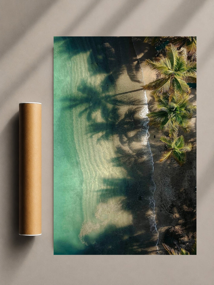 Tropical beach art print with palm trees and turquoise shoreline, vertical layout