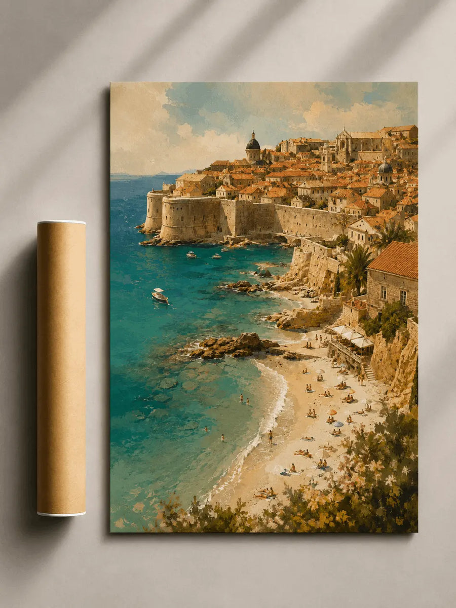 Croatia coastal wall poster with seaside fortress, bay water, and sandy beach town