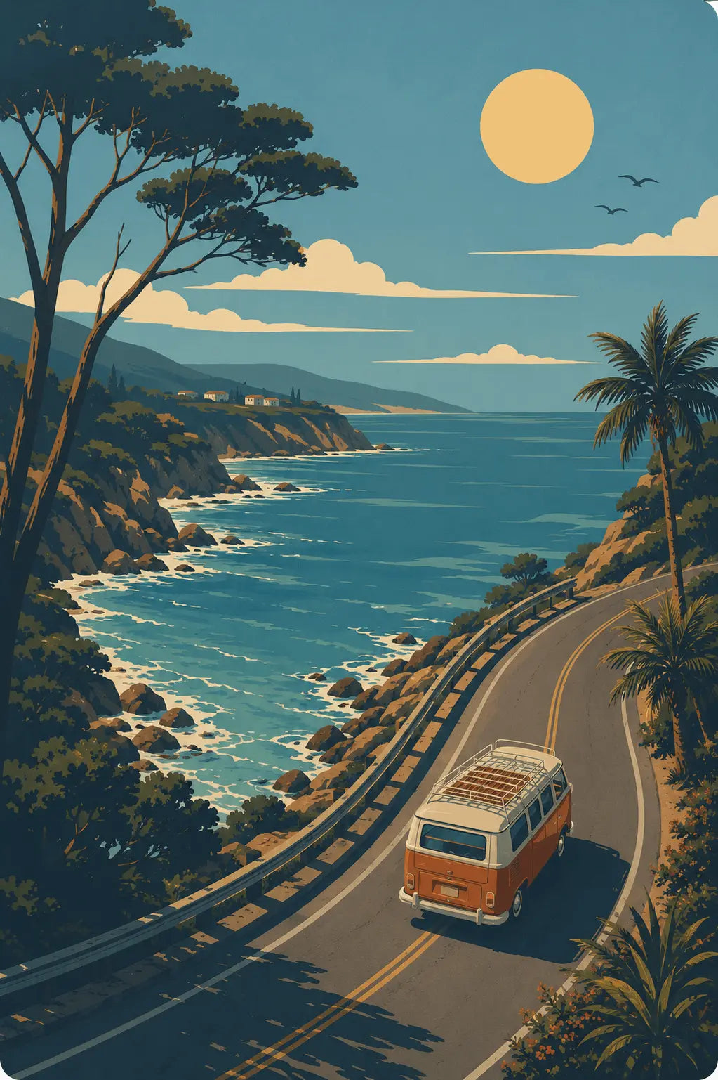 Coastal landscape art print on teal canvas with road and vintage van