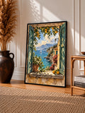 Framed watercolor art print showing a coastal view through an open doorway with flowers