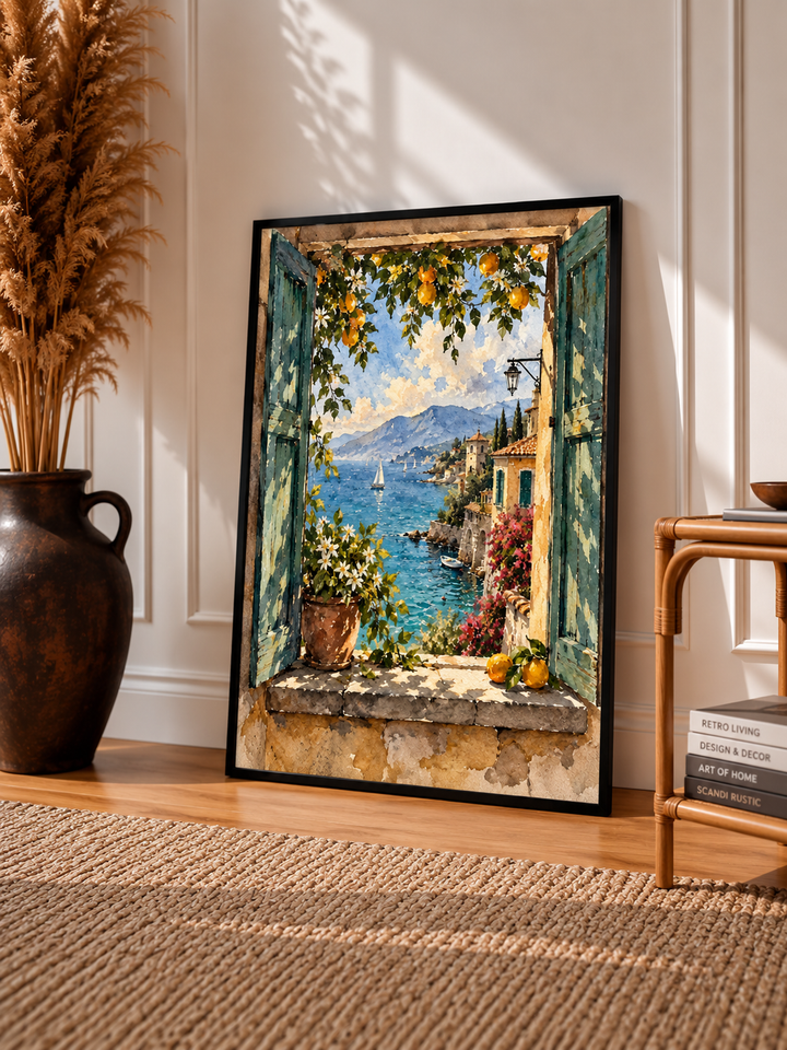 Mediterranean View Watercolor Art Print displayed in a slim black frame with a sunlit sea view and lush coastal greenery