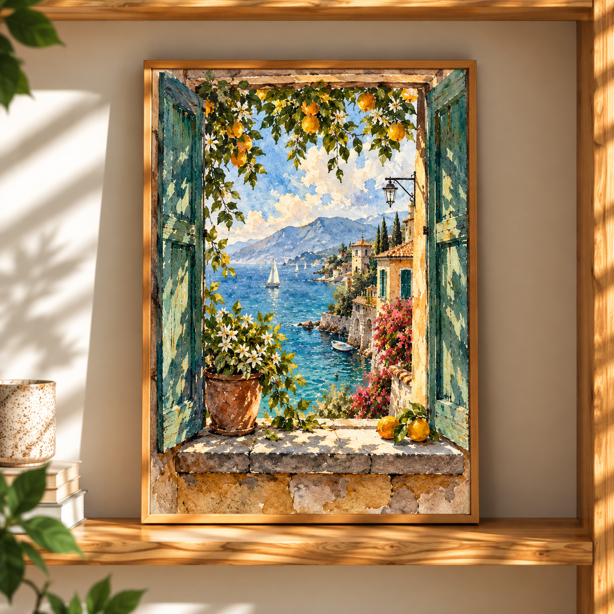 Mediterranean View Watercolor Art Print presented in a natural oak frame, opening onto turquoise water through flowering vines