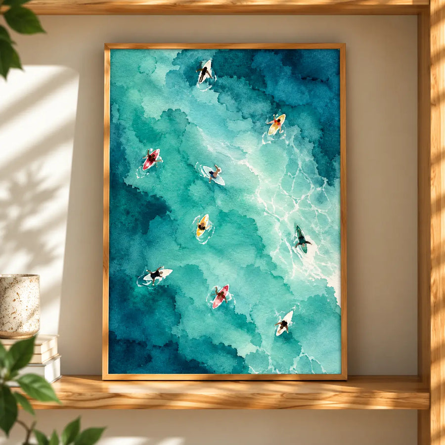 Turquoise Watercolor Pool Art Print presented in a natural oak frame with vivid aqua water and tiny swimmers