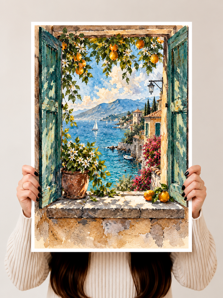 Mediterranean View Watercolor Art Print held upright to reveal a bright coastal horizon framed by leafy branches and rustic stone
