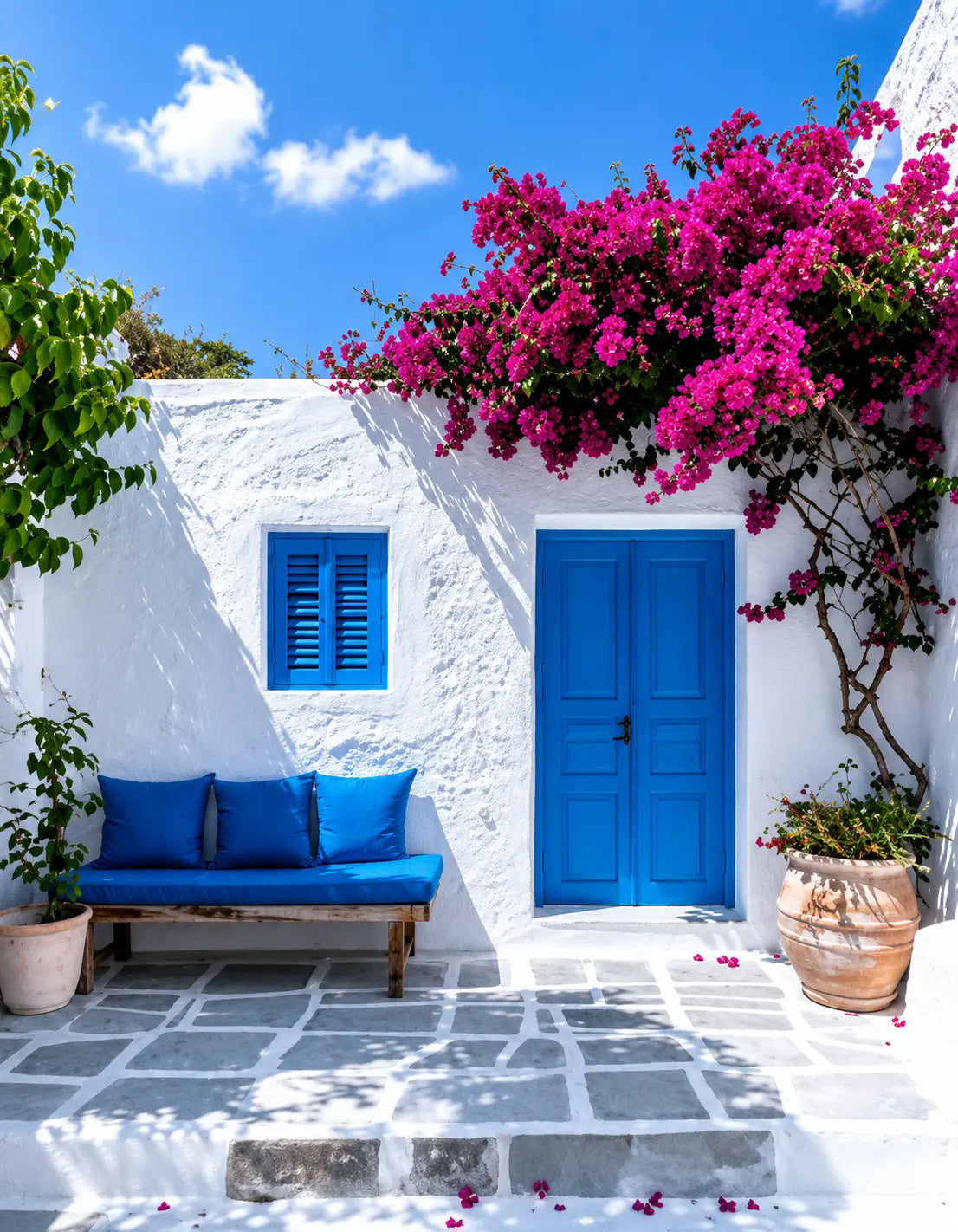 Bougainvillea courtyard print detail with blue shutters, blue door, and bright pink blooms
