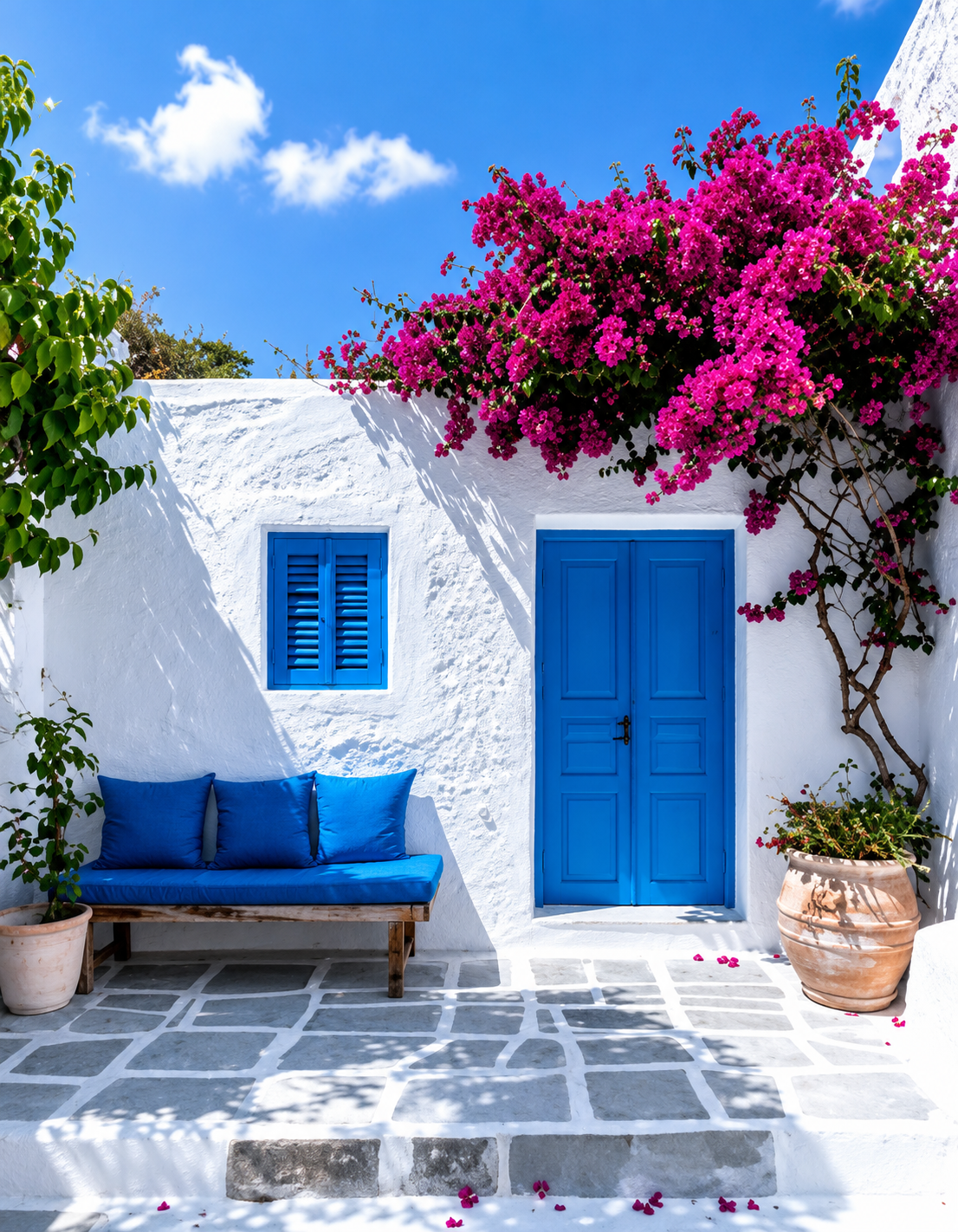 Coastal village poster showing a blue entrance surrounded by blooming bougainvillea in a sunlit stone courtyard.