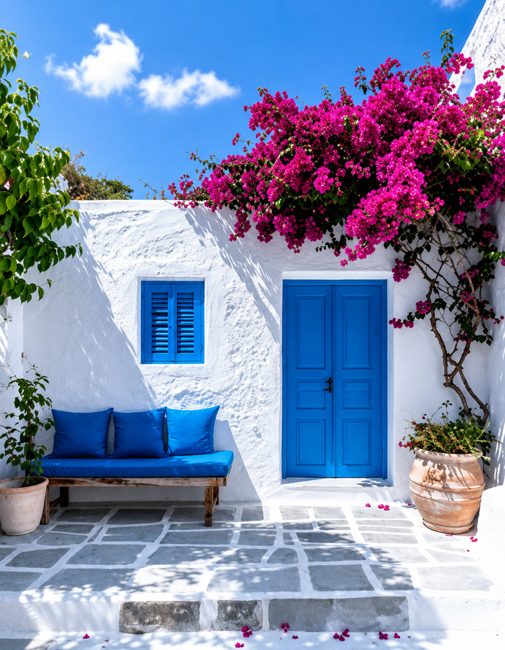 Coastal village poster showing a blue entrance surrounded by blooming bougainvillea in a sunlit stone courtyard.