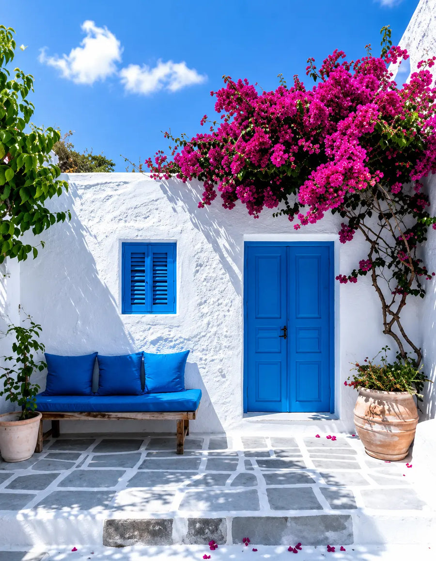 Bougainvillea courtyard print detail with blue shutters, blue door, and bright pink blooms