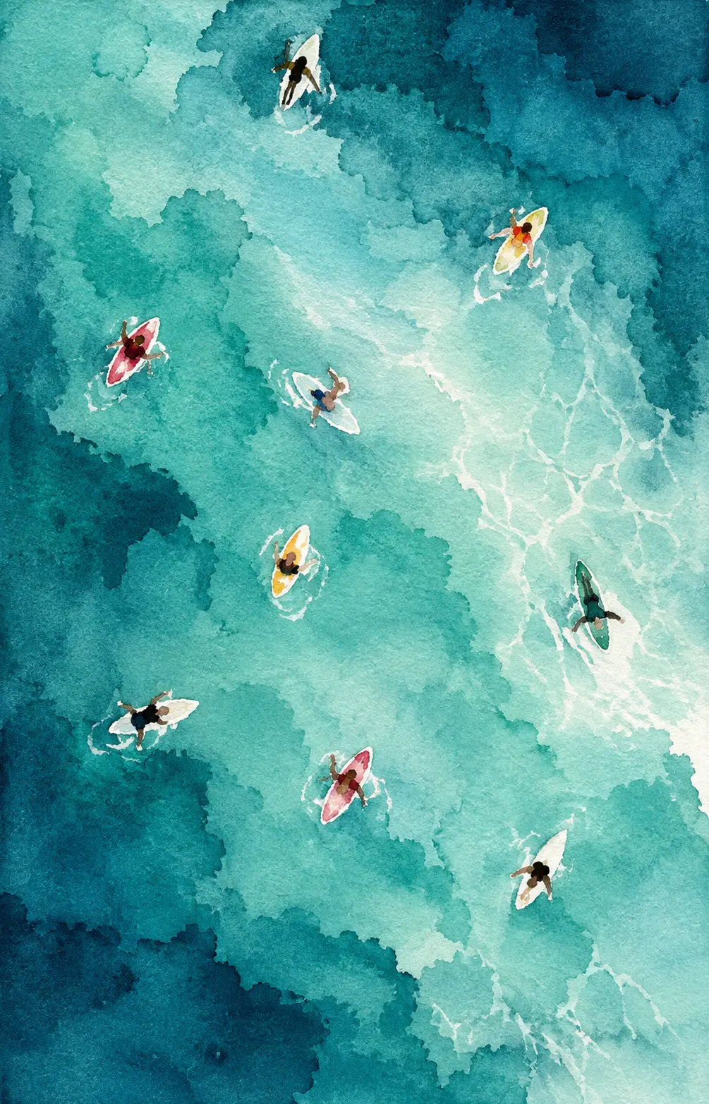 Turquoise Watercolor Pool Art Print shown as an unframed artwork with dreamy teal tones and scattered swimming figures