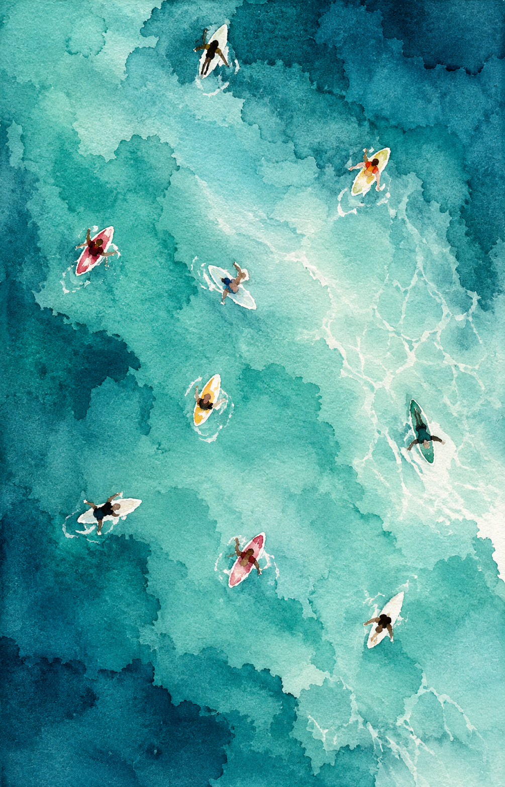 Turquoise Watercolor Pool Art Print shown as an unframed artwork with dreamy teal tones and scattered swimming figures