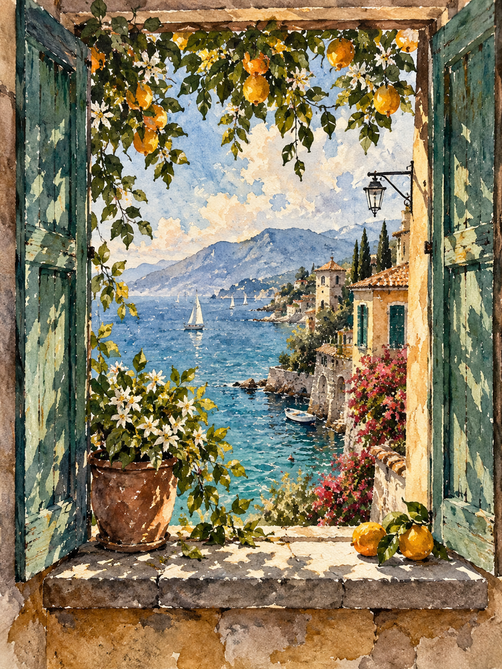 Mediterranean View Watercolor Art Print shown unframed with a turquoise Mediterranean horizon surrounded by flowering plants and sunlit architecture