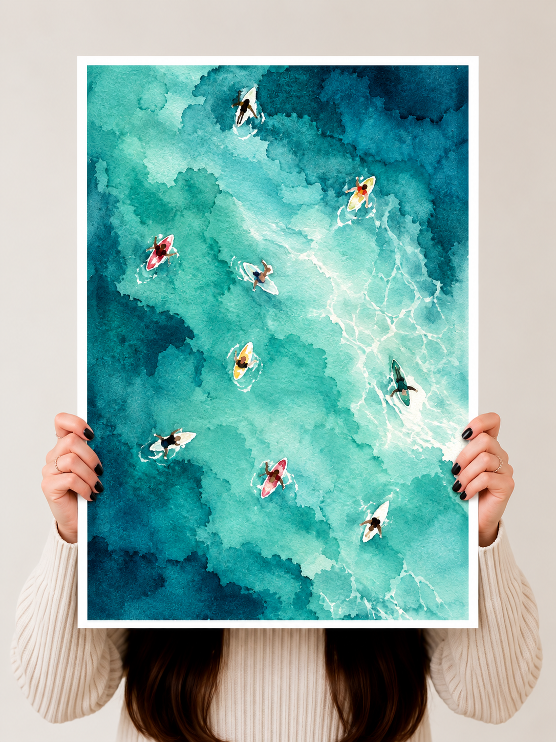 Turquoise Watercolor Pool Art Print held vertically by hand to show the full aerial swimming composition