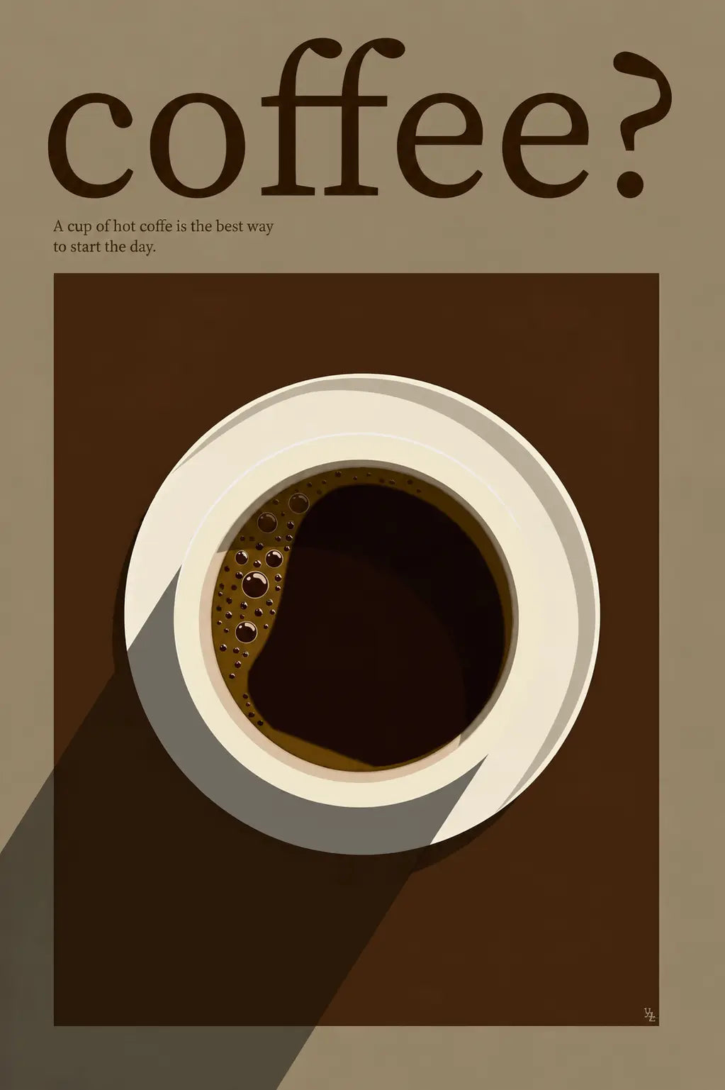 Coffee wall art print with 'coffee?' lettering and circular cup illustration