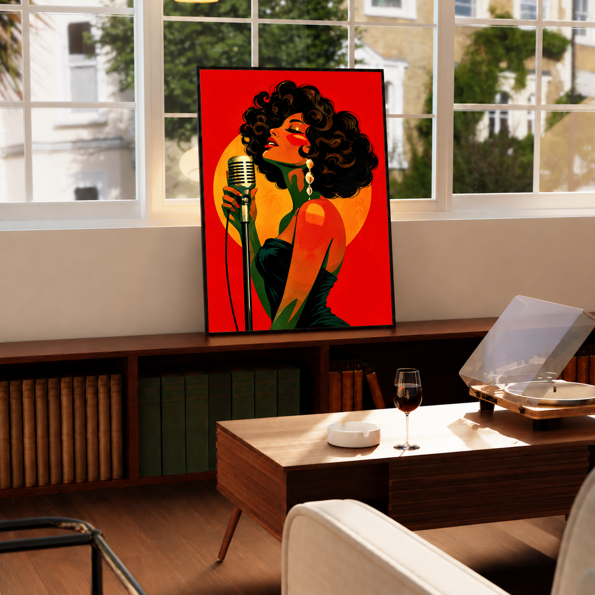 Colorful Figurative Women Art Print featuring two expressive female figures surrounded by vivid red, orange, green and blue geometric forms.