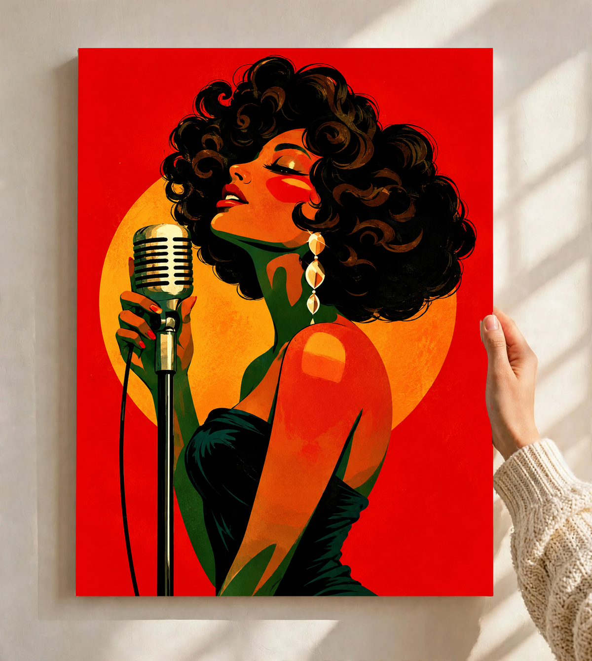 Colorful Figurative Women Art Print on stretched canvas, featuring two expressive female figures with vivid red, orange and green tones for bold contemporary decor.