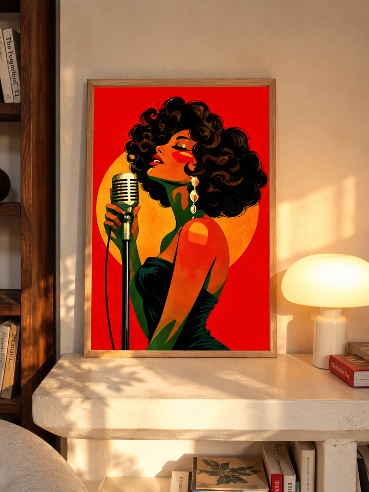 Bold Retro Portrait Wall Art showing two stylized women in a vibrant composition with warm red tones, graphic shapes and expressive details.