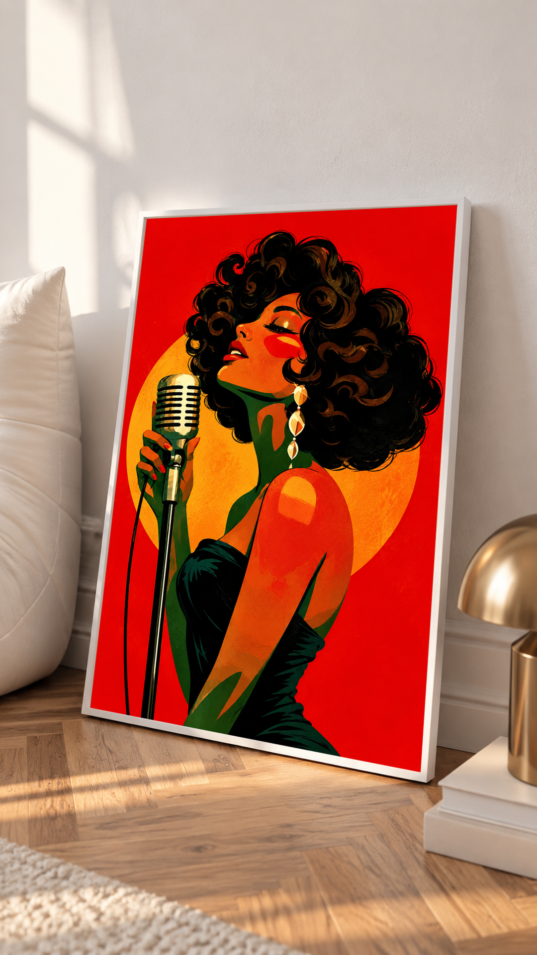 Colorful female figure art presented in a clean white frame, combining expressive portrait illustration with bold red and green accents.