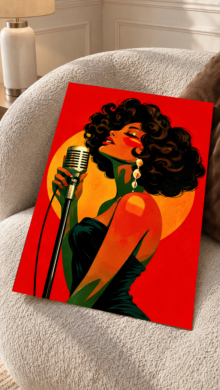 1. Colorful female portrait poster combining contemporary figurative illustration with bold shapes and saturated tones for eclectic modern interiors.