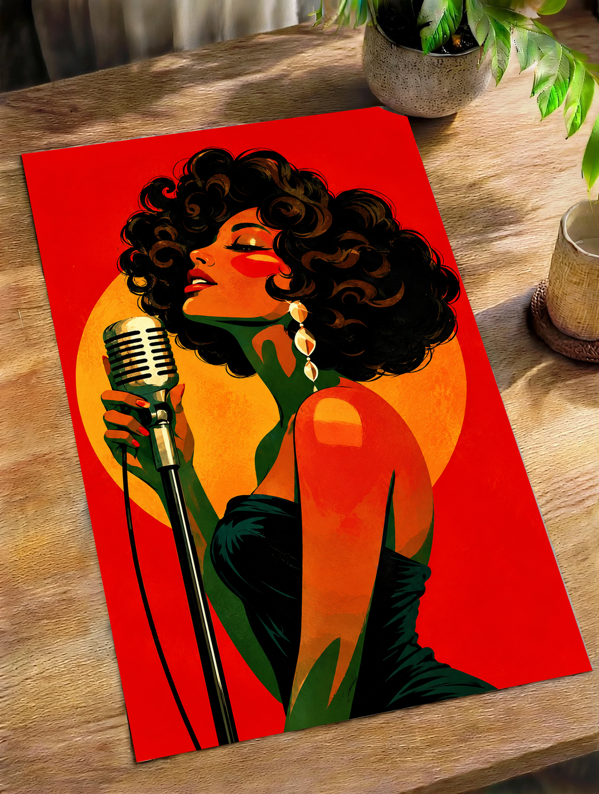 Colorful Figurative Women Art Print poster featuring two stylized female figures, vivid red and orange tones, and expressive graphic details.