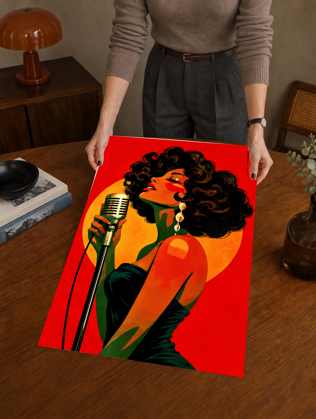Retro female portrait poster featuring two illustrated women with striking red, orange and green tones for an eclectic modern interior.