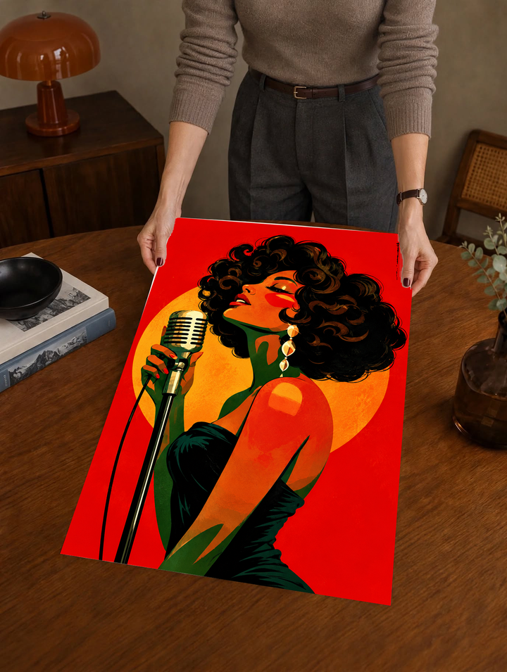 Retro female portrait poster featuring two illustrated women with striking red, orange and green tones for an eclectic modern interior.