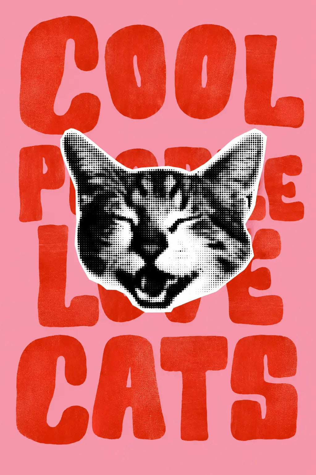 Wall art poster close-up of black-and-white cat over red text on pink background