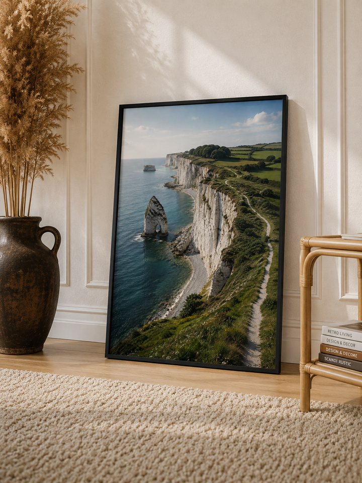Coastal Cliff Art Print featuring dramatic white cliffs, blue ocean water and lush green coastline