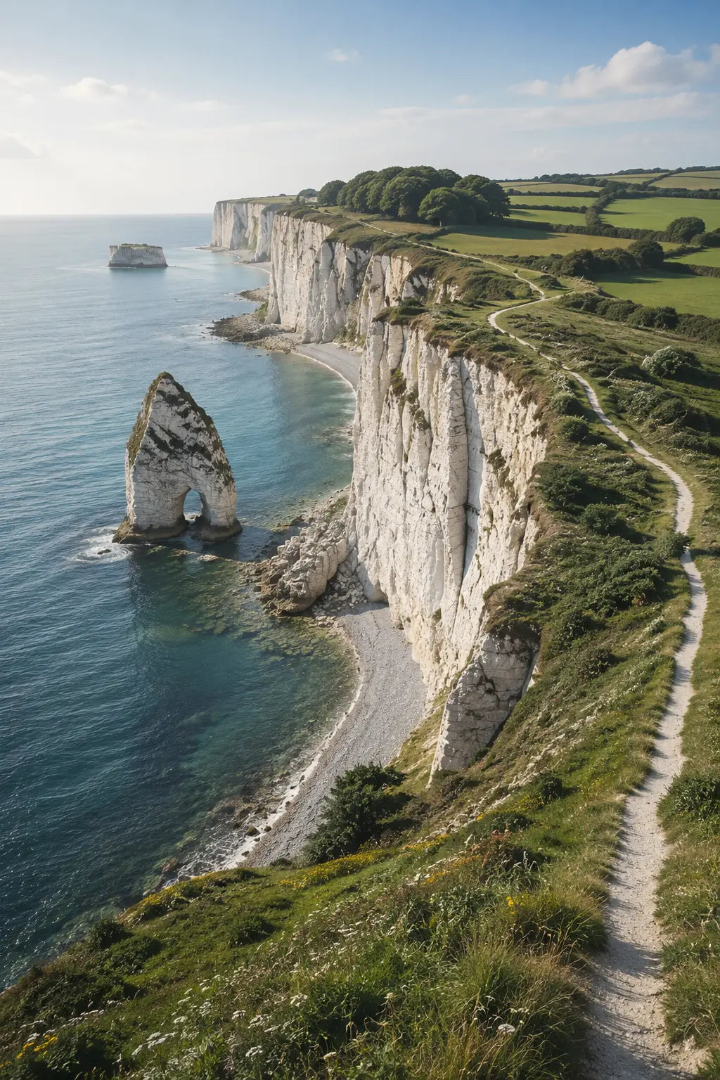 Framed coastal cliff art print on wall, showing ocean, white cliffs, and coastal footpath
