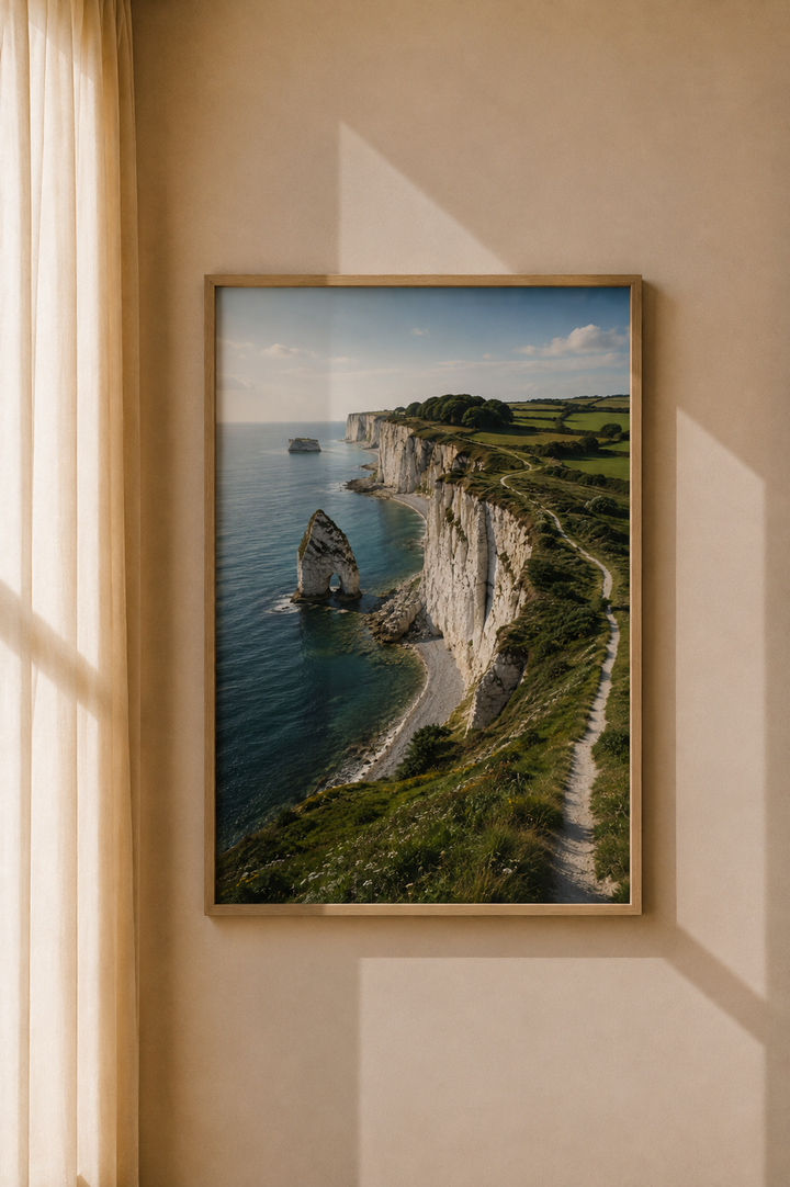 Coastal Cliff Art Print displayed as scenic ocean wall art in a warm contemporary interior