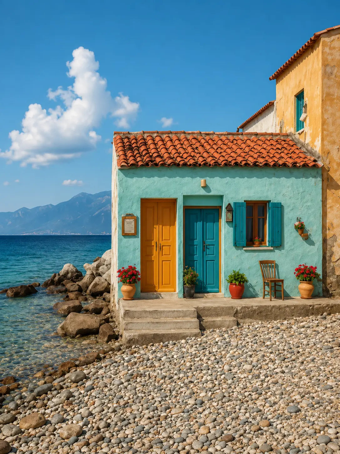 Coastal cottage art print with orange roof, teal door, seaside rocks and blue sky