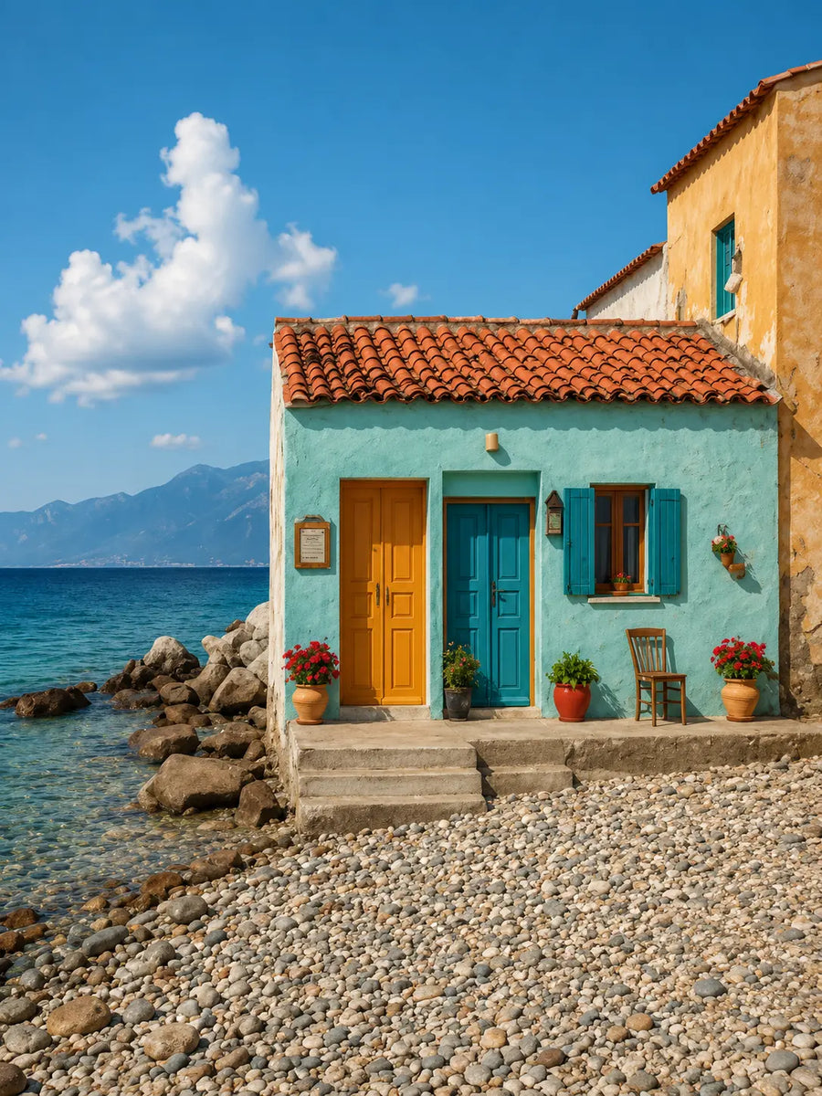 Coastal cottage art print with orange roof, teal door, seaside rocks and blue sky
