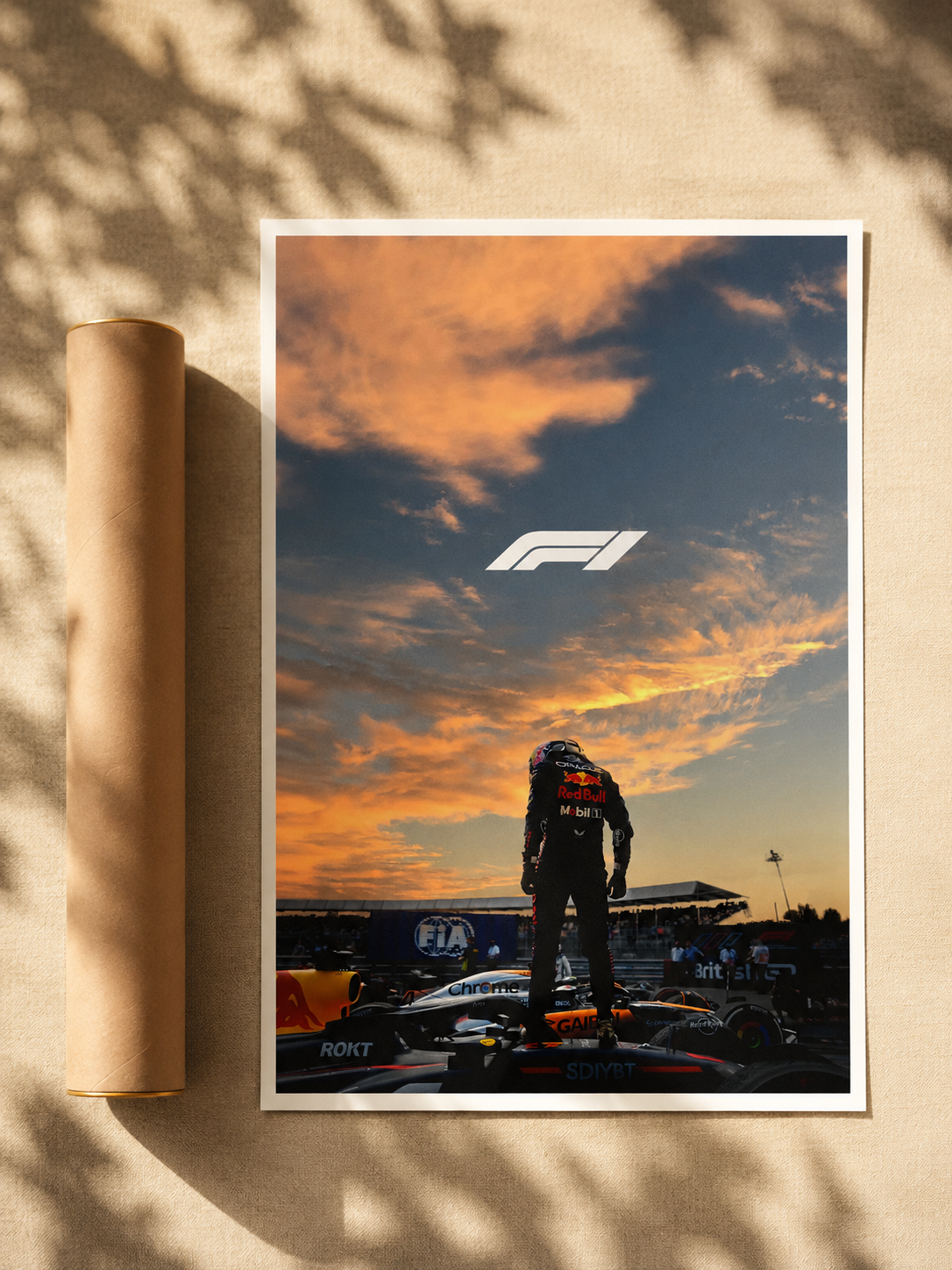 Grand Prix art print in white border, F1 logo and driver silhouette at sunset