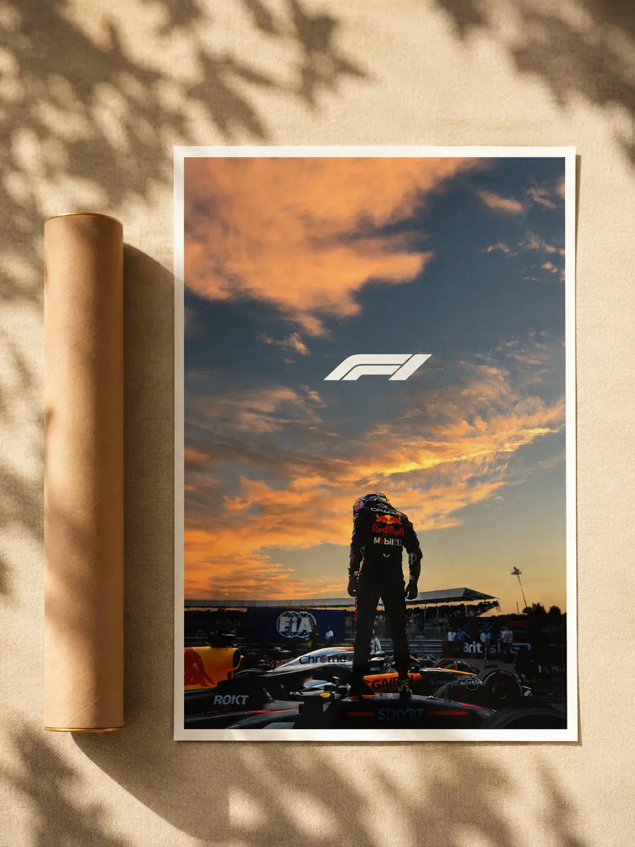 Grand Prix art print in white border, F1 logo and driver silhouette at sunset