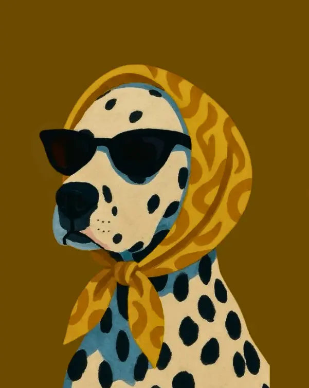 Dalmatian dog wall art poster close-up wearing black sunglasses and yellow bandana