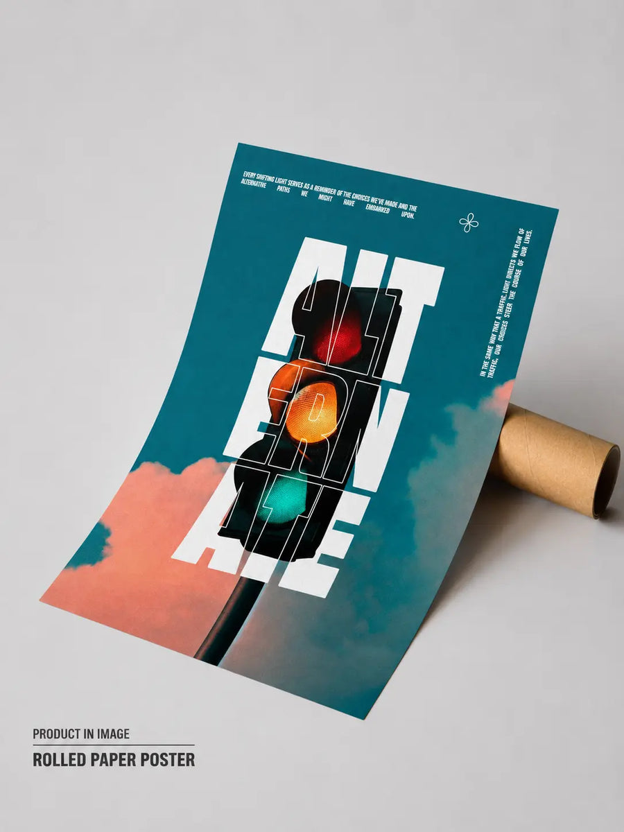 Rollo de póster de papel con diseño de cielo turquesa, bloques negros y acentos gráficos naranja rojizo y verde