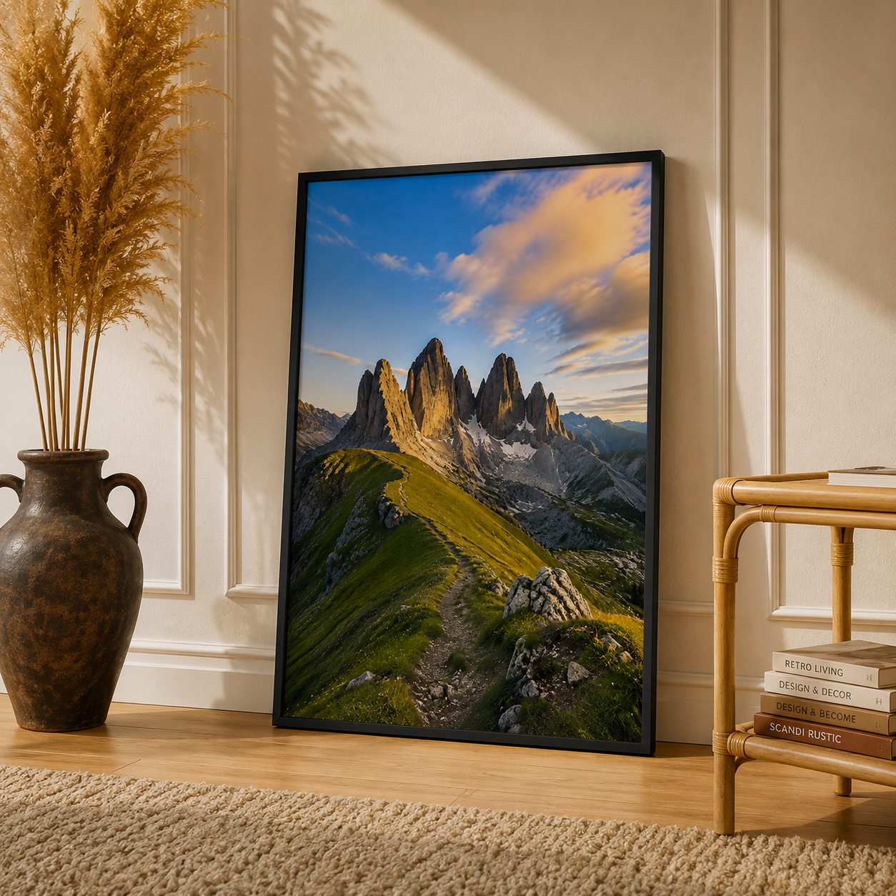 Dolomites Mountain Art Print displayed in a black frame with rocky alpine peaks and vivid mountain scenery
