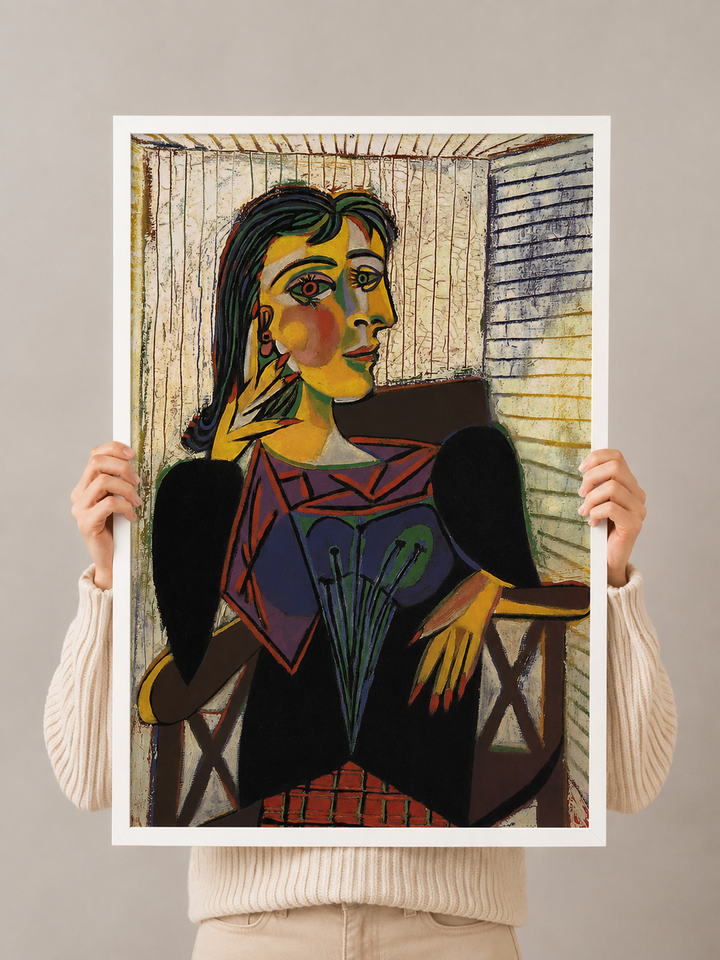 Framed Dora Maar portrait art print: side-profile woman holding a fan, white border