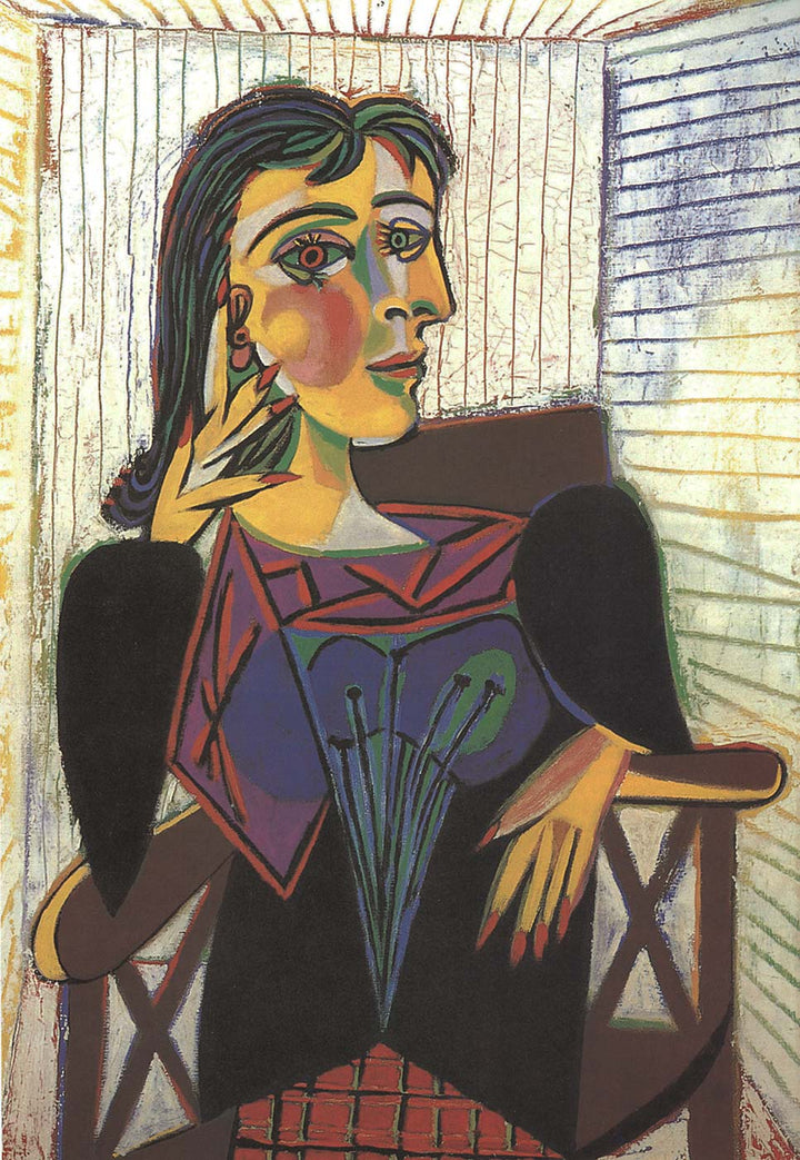 Colorful Dora Maar portrait art print of a woman in side profile holding a fan