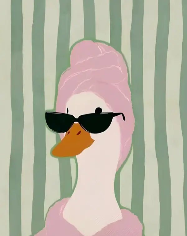 Spa duck wall art poster with black sunglasses and pink hair towel