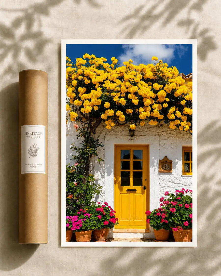 Vertical house print with yellow flowering tree, bright door, and potted pink flowers