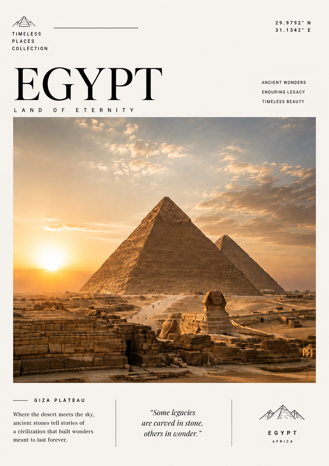 Patagonia Travel Print poster showing EGYPT pyramids at sunset with Giza Plateau text