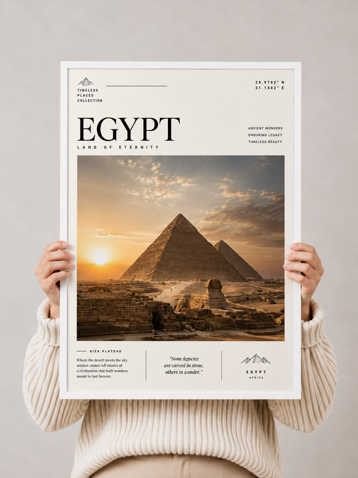 Patagonia Travel Print poster with white border, EGYPT pyramid sunset view and text