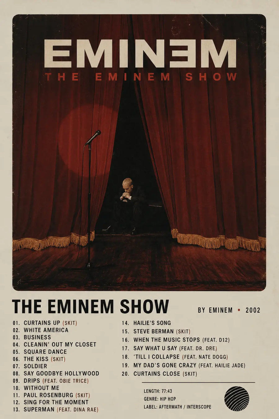 Framed rap music wall print with black border, title and song list on light background